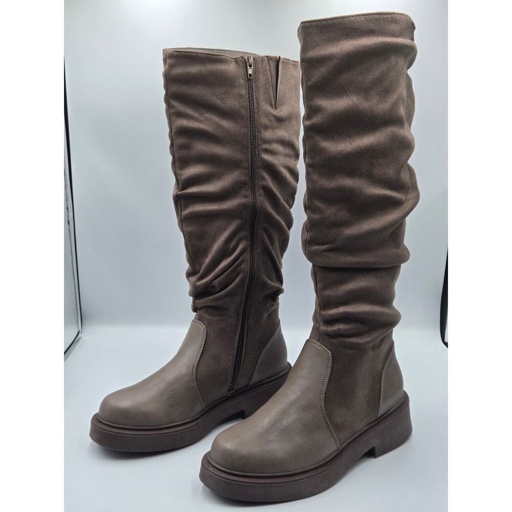 CARLKARIDA Women’s Slouch Knee High Boots Grey Brown Size 8.5 Side Zip Lug Sole